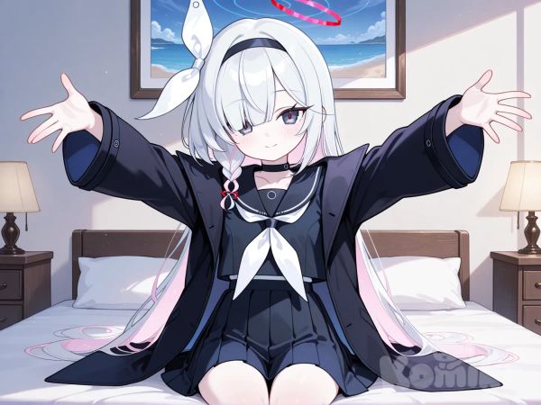plana (blue archive), in bedroom,sitting on the bed, outstretched arms, smile
