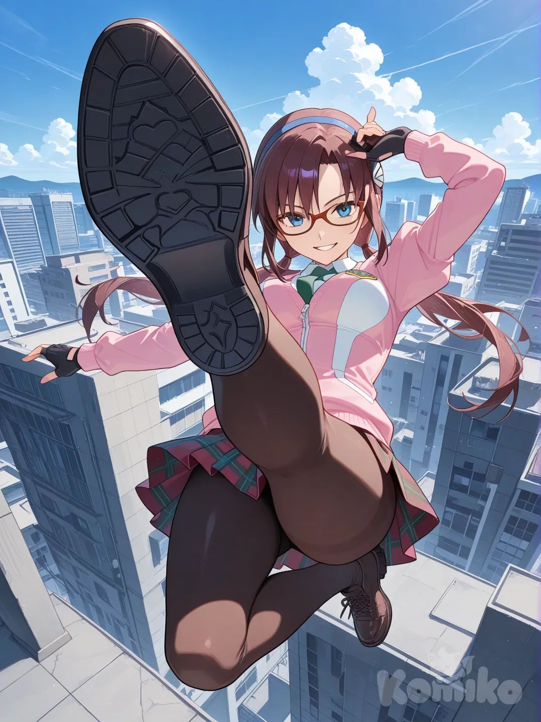 @Makinami_Mari_Illustrious, jumping from rooftop, full body