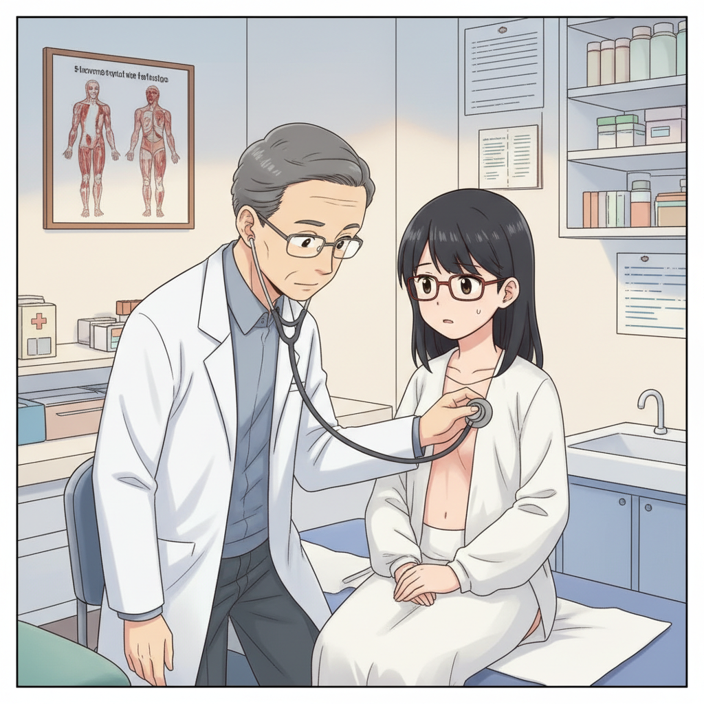 Quadradinho 1: Wen (de Macau, 16 anos, muito inteligente, camisa) entra no consultório, Quadradinho 1 wen sente a testa: Tenho febre e sinto-me mal, preciso marcar uma consulta.﻿

Quadradinho 2: Médico examina Wen com estetoscópio﻿
no peito: O médico usa o estetoscópio para ouvir o meu coração.﻿

Quadradinho 3: Médico escreve receita: tens fazer análises para ver o que tens.

Quadradinho 4: Wen sai com plano: O médico receitou remédios para a febre e disse para descansar.