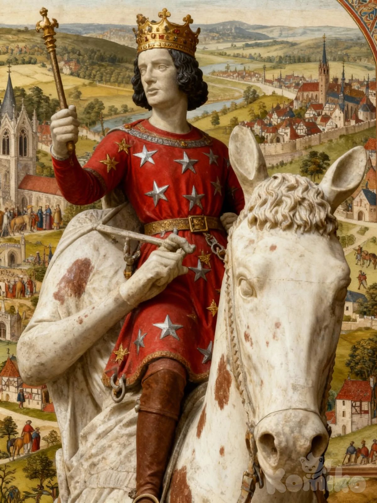 Realism filter. This is the Bamberger Reiter. Historical records and trace analyses reveal that the horse was white with brown spots, evoking the prized Schimmel breed; the rider’s clothing was a striking red adorned with silver and gold stars, reflecting celestial and imperial connotations; his boots were brown; and his crown, spurs, and belt were gilded, emphasizing his exalted status. The rider’s dark hair, suggested by remaining pigment traces, has fueled scholarly debates about his identity, as hair color might align with specific historical figures. Represent it with a medieval German (13th century) landscape in the background. Make it look like a photo and don't alter the pose: overlap with the photo.