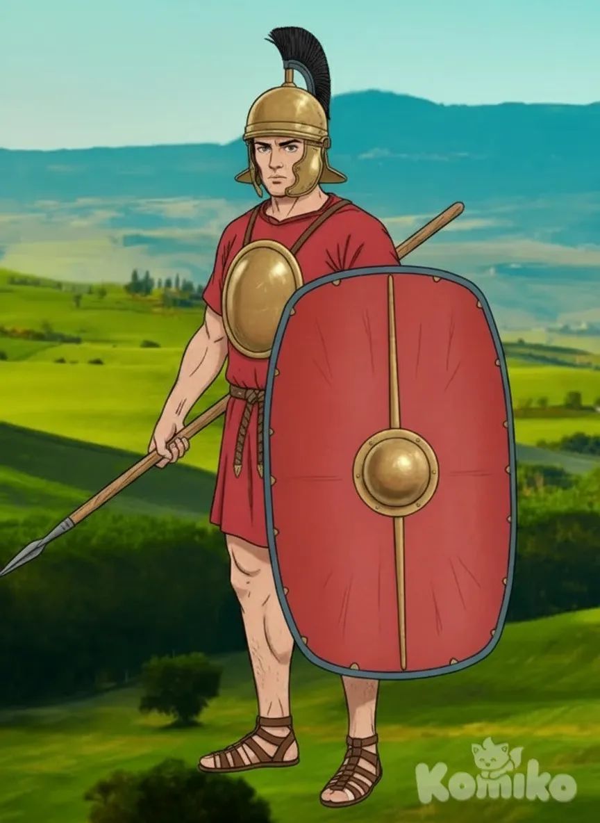 Roman Polybian hastatus infantryman, mid-3rd century BC (Second Punic War period), exact same pose and framing as the reference image (do not alter composition or camera angle), hyper-realistic museum-grade 8K rendering, youthful white Caucasian male 20–25 years old, determined masculine face, completely clean-shaven, short black military crop, skin sun-tanned and lightly dusty with visible pores and sweat sheen, aggressive combat stance.Helmet: bronze Montefortino type E/F ca. 250 BC, simple rounded bowl with faint hammer marks and small top knob, no reinforcements, large hinged bronze cheek-guards with rolled edges fully covering ears to jawline, tall dense black horsehair crest tied with thin red wool cord rising vertically from the knob.Torso: single large polished bronze pectoral disc (cardiopylax) ≈26 cm diameter with raised rim and small side hooks, worn over short-sleeved pure red wool tunic of tight weave reaching mid-thigh, narrow brown leather belt with small bronze buckle and short hanging ends, no apron straps.Arms: completely bare from mid-biceps down, muscular forearms with visible veins, pores, light hair and dust, no coverings.Legs: completely bare from mid-thigh down, powerful thighs and calves, sun-tanned and dusty skin, no greaves or wraps.Shield: large oval mid-3rd century BC Polybian scutum, smoothly convex laminated poplar, raw linen facing painted vivid Roman red with narrow cobalt-blue rim band, prominent vertical bronze spina running full height, reinforced by a thinner horizontal bronze strip crossing at the centre (forming a cross-like reinforcement typical of early Polybian scuta), elongated oval bronze spine boss where the two strips intersect (no separate round umbo), thin leather rim binding, faint wood grain visible on edge, horizontal leather-wrapped grip behind the boss, shield held forward and fully separated from the body.Weapon: right hand gripping long ash-wood thrusting spear (hasta) with small iron leaf-shaped head and iron butt-spike.Footwear: open leather caligae with thick hobnailed soles and multiple straps, ankles exposed.Background: seamlessly blended ancient central Italian countryside in correct linear and atmospheric perspective, gently rolling Lazio/Samnite hills receding into soft haze, scattered umbrella pines and olive trees diminishing in size toward the horizon under bright Mediterranean midday sun, no buildings or figures, landscape integrated naturally with the figure without harsh cut-off lines.Lighting and rendering: extreme photorealistic 8K, razor-sharp bronze reflections, horsehair texture, wool weave, leather grain, hobnails, skin pores and airborne dust, strong chiaroscuro with deep volumetric shadows and glowing highlights, rich saturated red and warm bronze tones, perfect perspective integration, maximum historical accuracy, no later Imperial elements, no drawing lines, pure photographic realism and tridimensional depth. Realism 3d filter. No crest but single plumes from the crest
, anime style