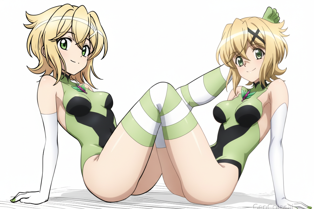 green eyes, short blonde hair, green and black one-piece swimsuit, white gloves with green fingers up to the arm, green and white striped tights on feet, feet up, showing both feet, on a white background