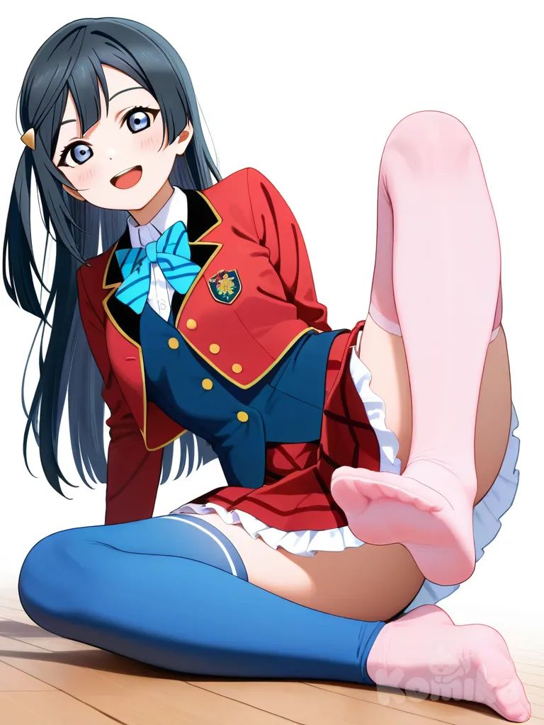 very aesthetic, illustration, @Yuki_Setsuna_(Love_Live!), 1girl, solo, frilled skirt, bowtie, cropped jacket, shirt, hair ornament, asymmetrical legwear, white cropped jacket, red skirt, blue thighhighs, pink thighhighs, smiling, open mouth, blush, sitting on the floor, dynamic pose, leg up, bare feet, soles visible, simple background, white background, no shoes, no boots, looking at viewer