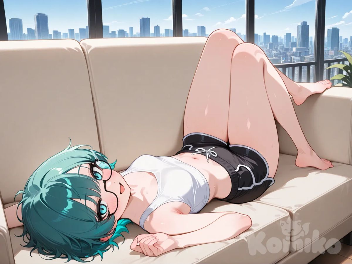 short hair, teal hair, teal eyes, small breasts, slender, lying, one leg up, glasses, landscape orintation, sofa, shorts, crop top, barefoot, casual, looking at viewer, indoors, smile, open mouth smile, laying down, crop top, short shorts, black shorts, crop top, barefoot, on back, lying down, cityscape, day