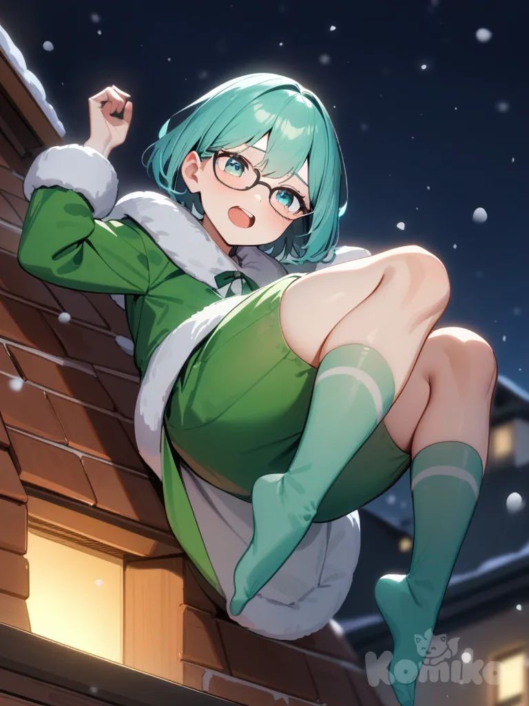 teal hair, teal eyes, short hairstyle, festive green santa costume, green panties, light teal stockings, glasses, humorously stuck, chimney, legs in the air, roof, night time, snowing