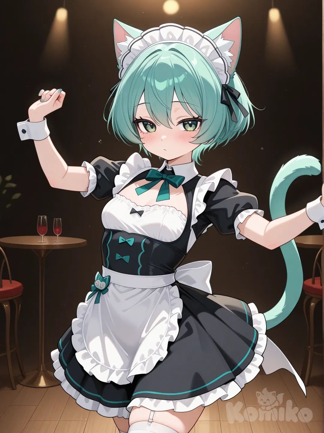 teal heair, short hair, green eyes, cat ears ,short hair, small breasts, maid outfit, dancing, cat tail