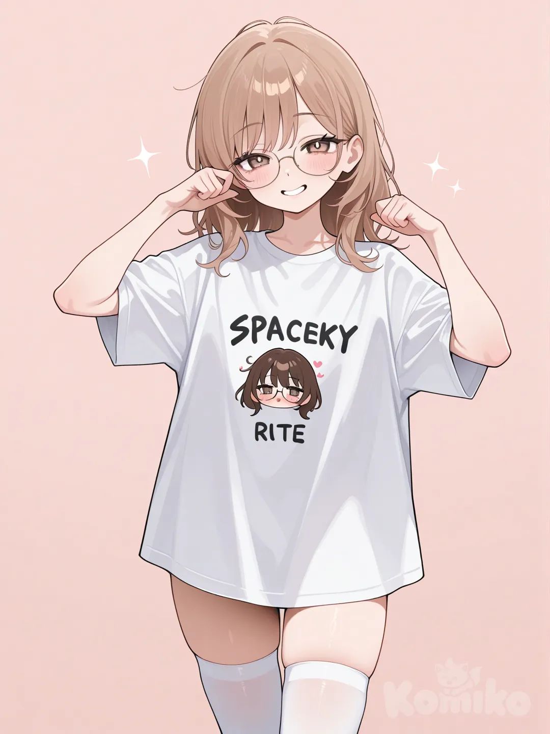 glasses, slender, white thighhighs, white-shirt, white thighhighs, borwn hair, light brown eyes, glasses, slender cheeky pose, no background