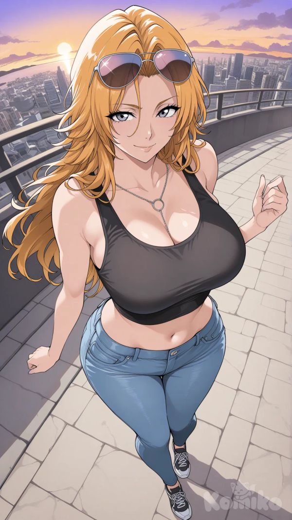 @Rangiku Matsumoto_(bleach)
#big sister style , Very good figure ,
#side top view
# upper body (Focus on the upper body, from the waist up.)
#looking at viewer #full body#, up view , #full body ,from above , day , funny , relaxed, anime style ,
#cool post
,dark violet Thin Cropped tank top , jeans , black running shoes , sun glasses
relax , Taking a stroll, walking on a sidewalk , on a eveing sunnyday , in the sreet in capital city , It has a view of the sea and beach as a backdrop