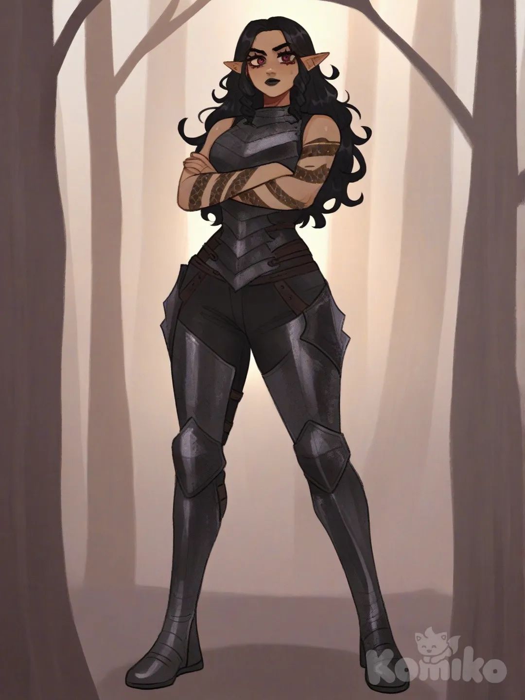 1girl, dark gray skin, tall, voluptuous body, elf ears, dark red eyes, black hair, long curly hair, black lips, looking at viewer, full black leather armor, sleeveless, dragon scales tattoos, tattoed arms, crossed arms, full body, green forest background, [soft-shaded-moe-style]