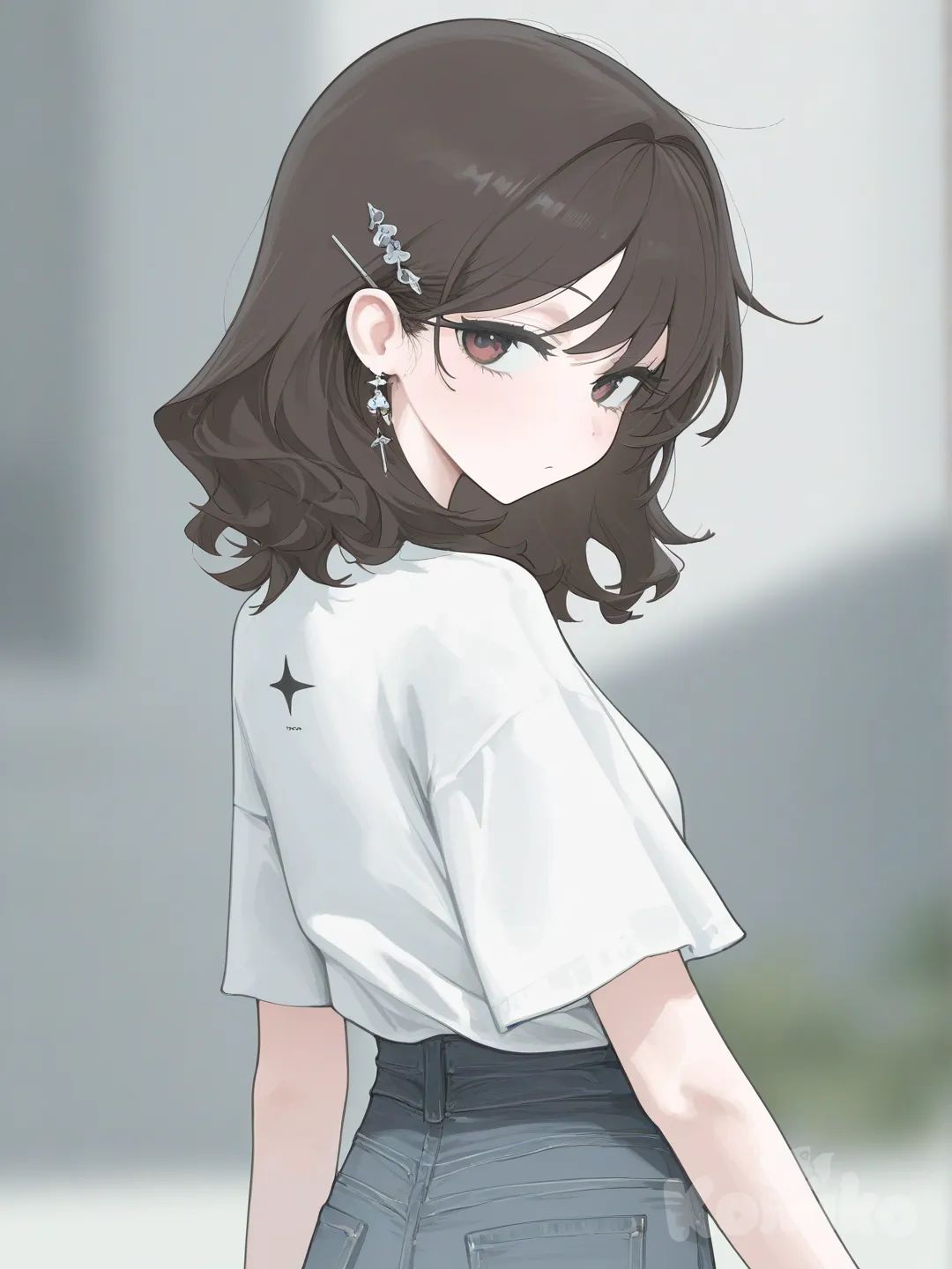 @Hermione_Granger, [vibrant-anime-style], t-shirt, jeans, hairpin, earrings, looking back, lower body