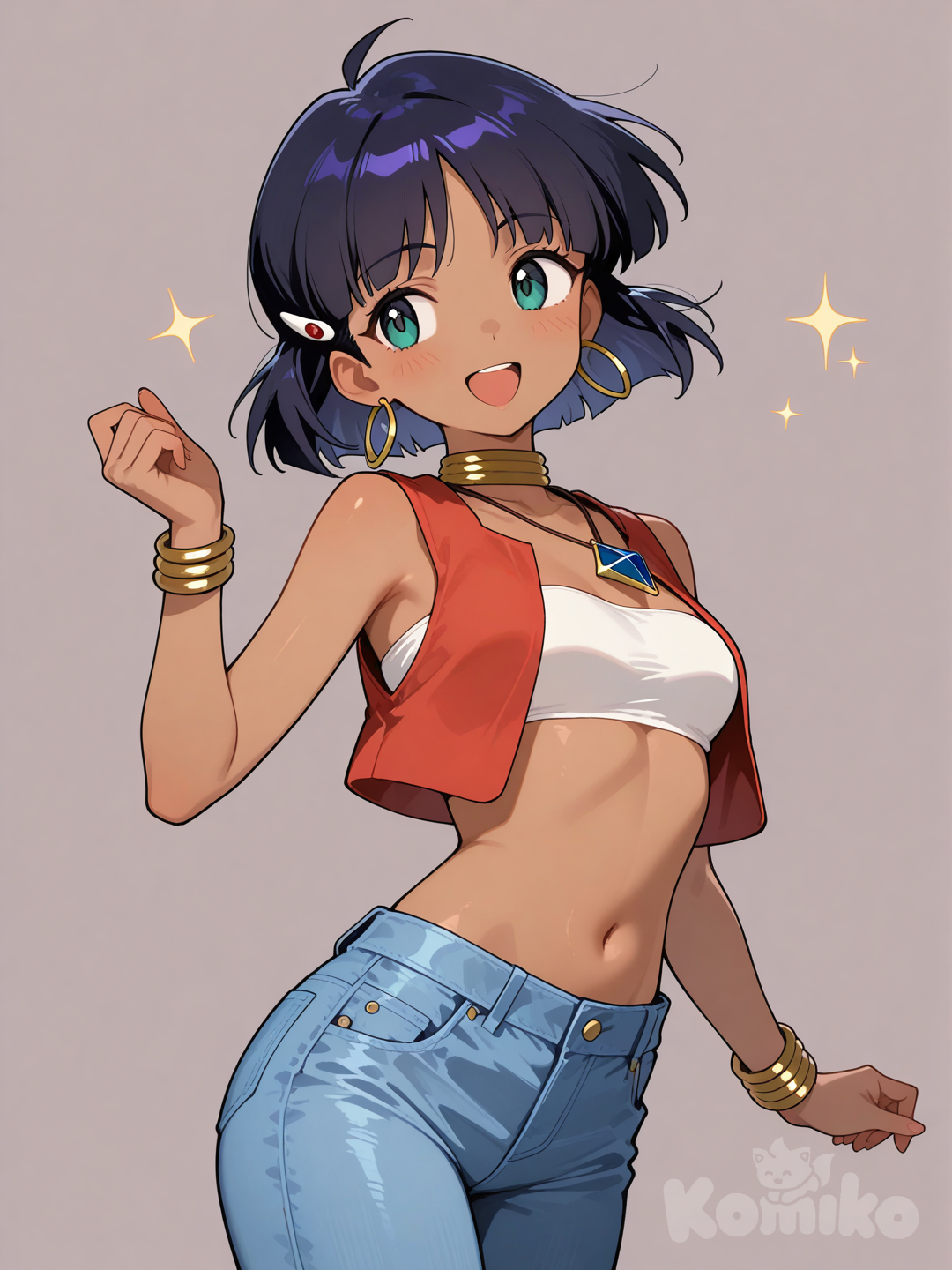 nadia la arwall, green eyes, dark skin, short hair, navel, bandeau, vest, bracelets, earrings, hair ornament, necklace, neck ornament, t-shirt, jeans, looking back, open mouth, smile