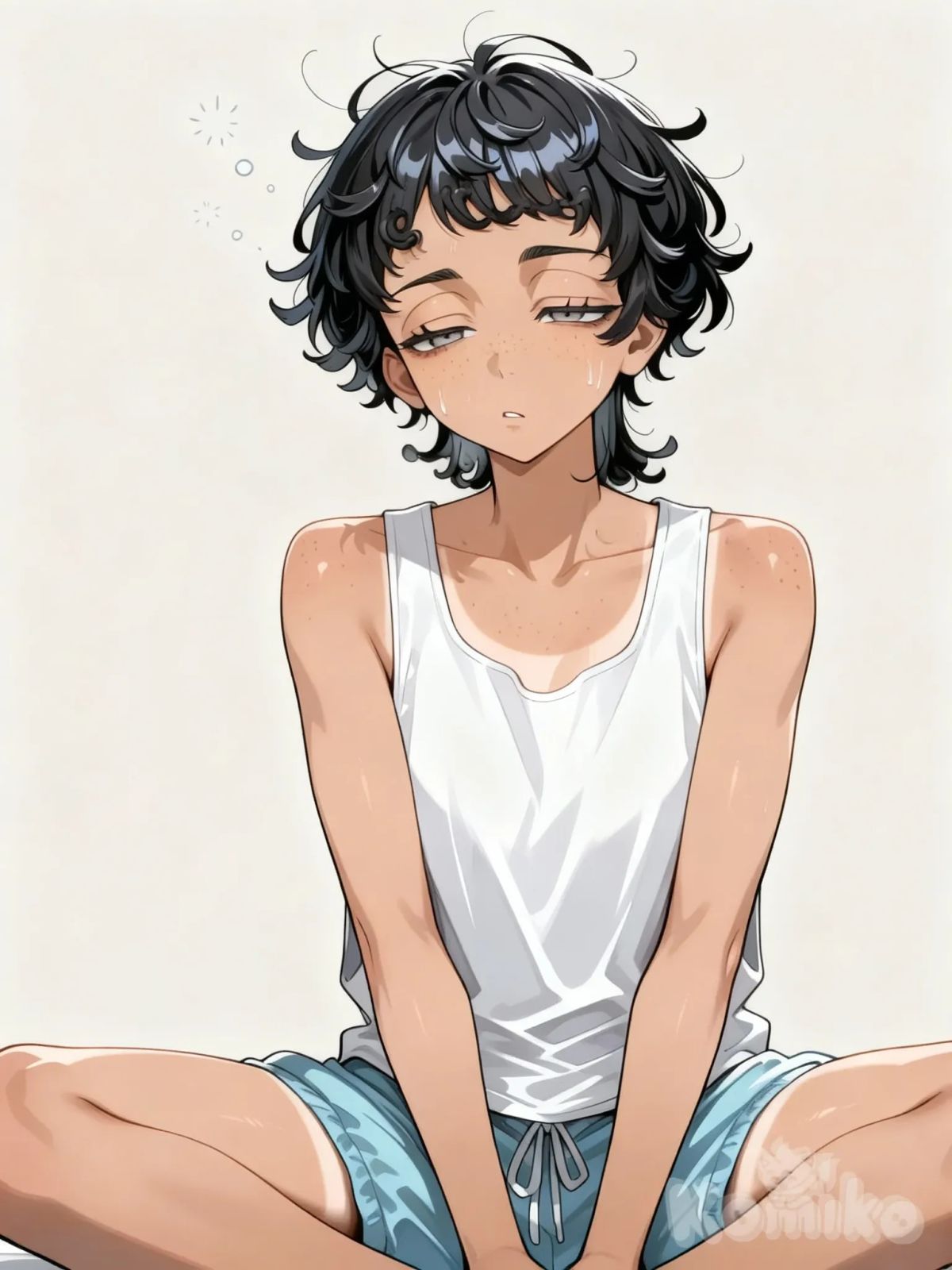 Tokyo revengers 1girl, tokyo revengers oc, gray half closed, extremely sleepy half lidded eyes, freckles, black hair, curly hair, short hair, short bangs. Curly bangs. Light tan. Lean. Toned. Average height. Baggy white plain tank top. Baggy beach shorts. Feverish. Sweaty. In the same style as the reference, IMG_4565