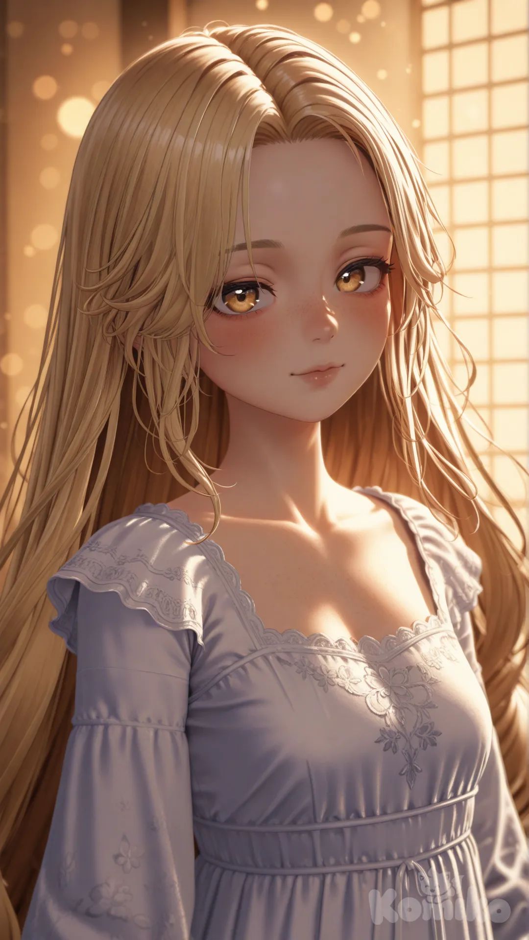 Ultra-realistic cinematic portrait of Rapunzel, a beautiful young woman with long, flowing golden blonde hair cascading endlessly around her, silky smooth strands glowing in soft natural light. Delicate facial features, large expressive hazel eyes with subtle shimmer, flawless porcelain skin with gentle freckles, soft rosy lips. Wearing an elegant pastel lavender medieval-inspired dress with fine embroidery. Hair gently illuminated as if glowing with magic. Shallow depth of field, creamy bokeh background, warm golden hour lighting, photorealistic skin texture, ultra-sharp focus, lifelike details, cinematic color grading, dreamy fairytale atmosphere, quality, 8k resolution, hyper-realistic shadows, soft wind movement in hair, magical realism style., [3d-anime-style]