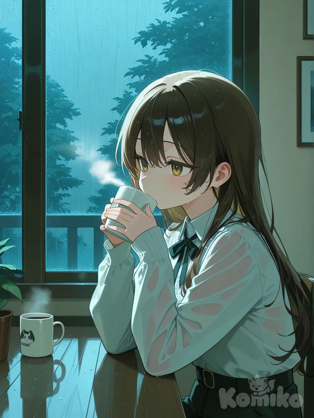 tomando café. lluvia