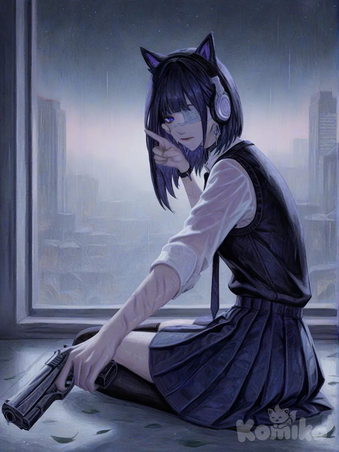 @mizuki-B8sx, expressionless, looking at viewer, twilight, backlight, city lights, 2girls, 1girl, heart hands, holding gun, looking back, sitting on the ground, pointing at viewer, wiping tears, depressed, ambient light, neon lights, leaves falling, rainy, starry sky, [gothic-oil-painting-style]