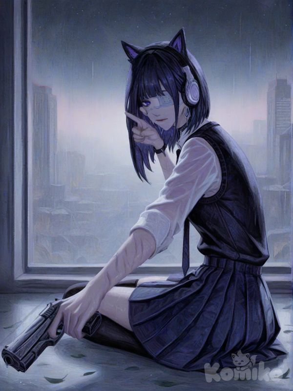 @mizuki-B8sx, expressionless, looking at viewer, twilight, backlight, city lights, 2girls, 1girl, heart hands, holding gun, looking back, sitting on the ground, pointing at viewer, wiping tears, depressed, ambient light, neon lights, leaves falling, rainy, starry sky, [gothic-oil-painting-style]