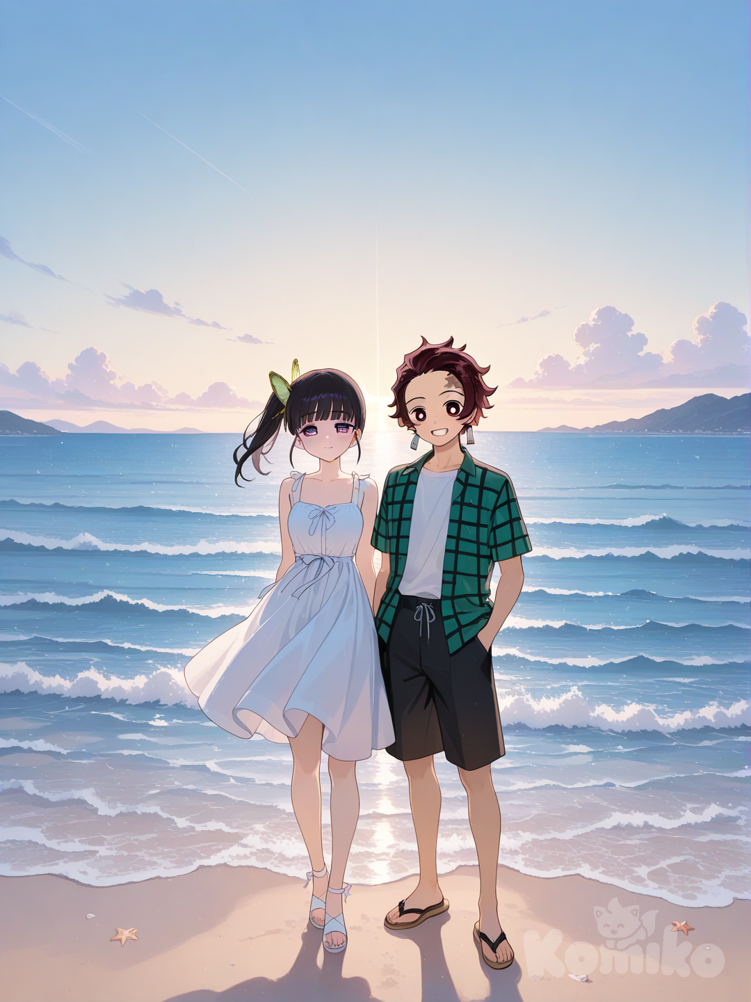 Tsuyuri_Kanao make her in a sundress on a beach posing with , Kamado_Tanjirou