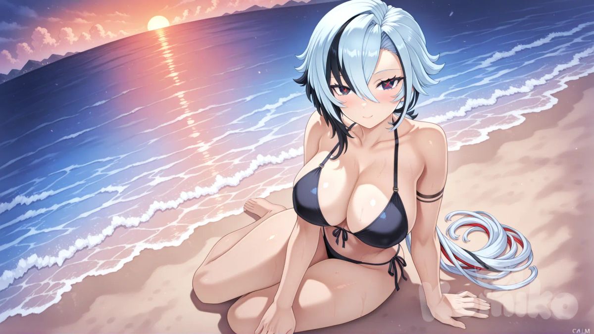 @Arlecchino_(Genshin_Impact)
#soft lighting
#sfw
#hyper-warm lighting
#mogudan-style depth
#outdoor_beach_sunset
#serene and nostalgic
#calm waves, 
#Sitting facing the sea
#full body ,little black bikini , sexy smile , from above ,day ,front profile photo , big boobs, Playing the water, funny , relaxed, anime style