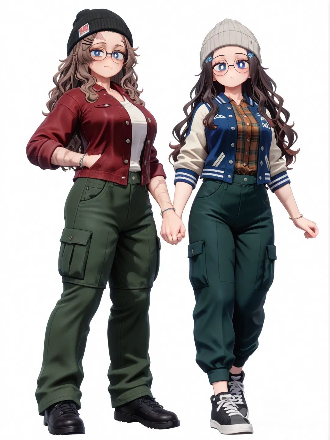 [3d-anime-style] 1girl, mature, athletic, petite, muscular, long_hair, brown_hair, wavy_hair, blue_eyes, scar, freckles, dimple, fair_skin, plaid_shirt, varsity_jacket, cargo_pants, glasses, beanie, bracelet, hairpin, slayer_style, my_hero_academia_style, single_character, full_body, looking_at_viewer, simple_background, white_background, 2people, holding hands