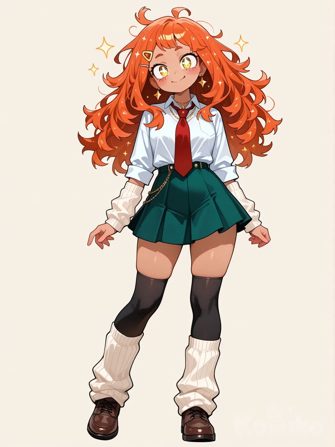 1girl, My Hero Academia style, original character in the world of My Hero Academia, teenager,Age 17 years old, slim, short,Kinda curvy ,Huge puffy hair like a sunset, red hair, maroon hair,Orange hair,Sparkle pink highlights,Sunset colored hair, long hair, frizzy hair,Messy and puffy mix hair, yellow eyes, Sparkle eyes, Glowing eyes,Sun pupils,Big round eyes, Small tan skin,White button up,Gray suit jacket button up,red tie,Dark green skirt,Leg warmers, Arm warmers , necklace, earrings, knee-high socks,Brown shoes,Sun hair clip, head tilt, smile, classroom,full body,Big puffy hair.