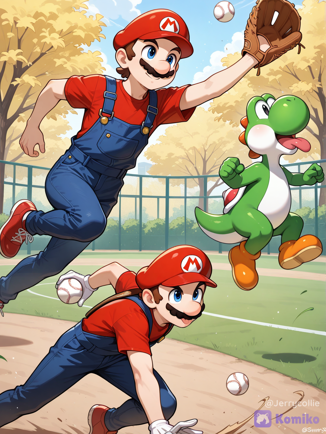Mario and Yoshi playing baseball