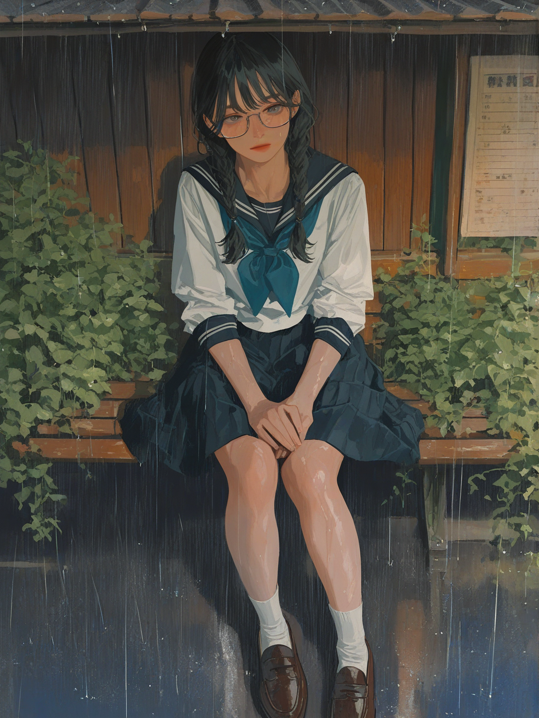 Bus stop in a rainy day