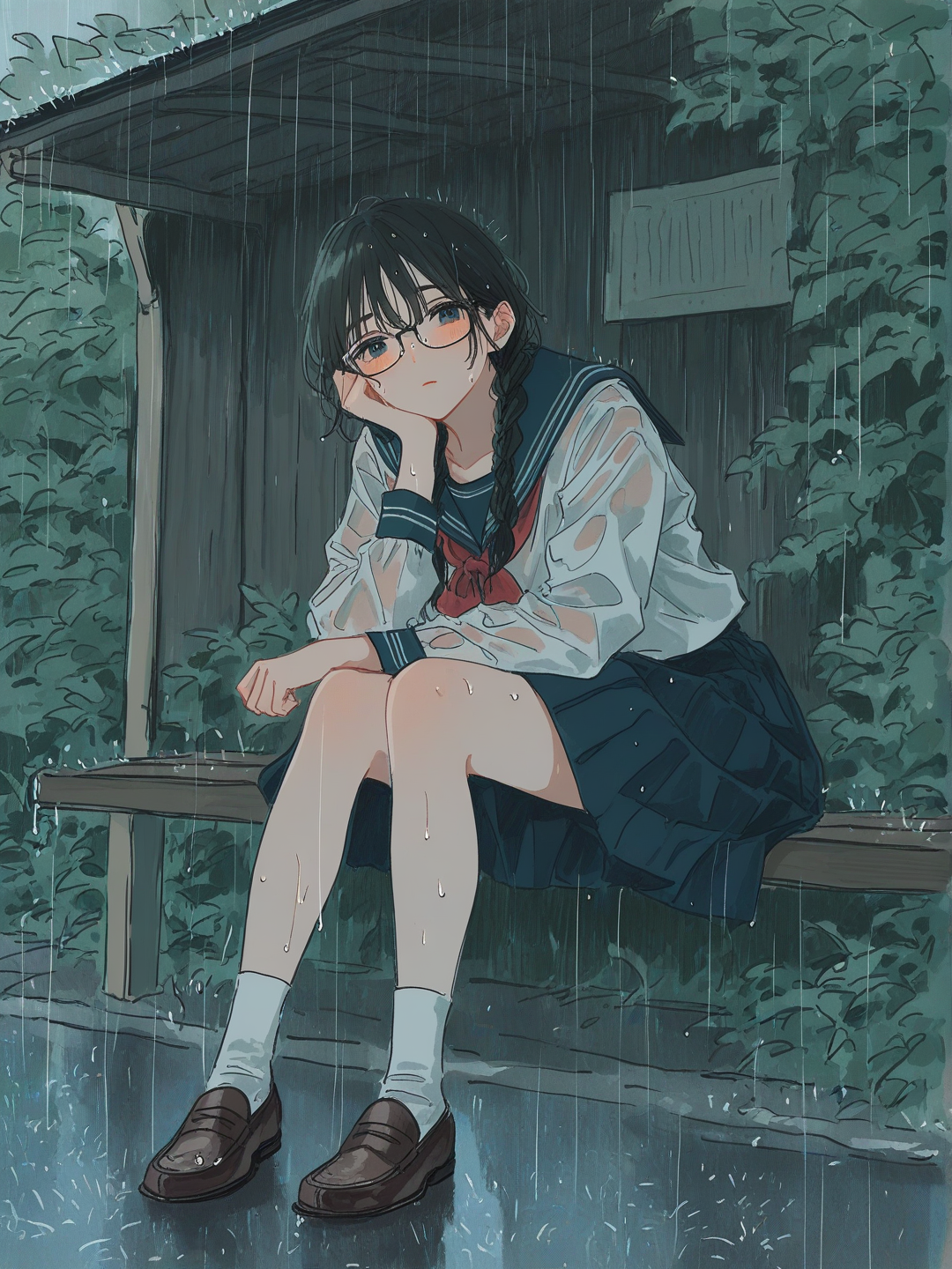 Bus stop in a rainy day