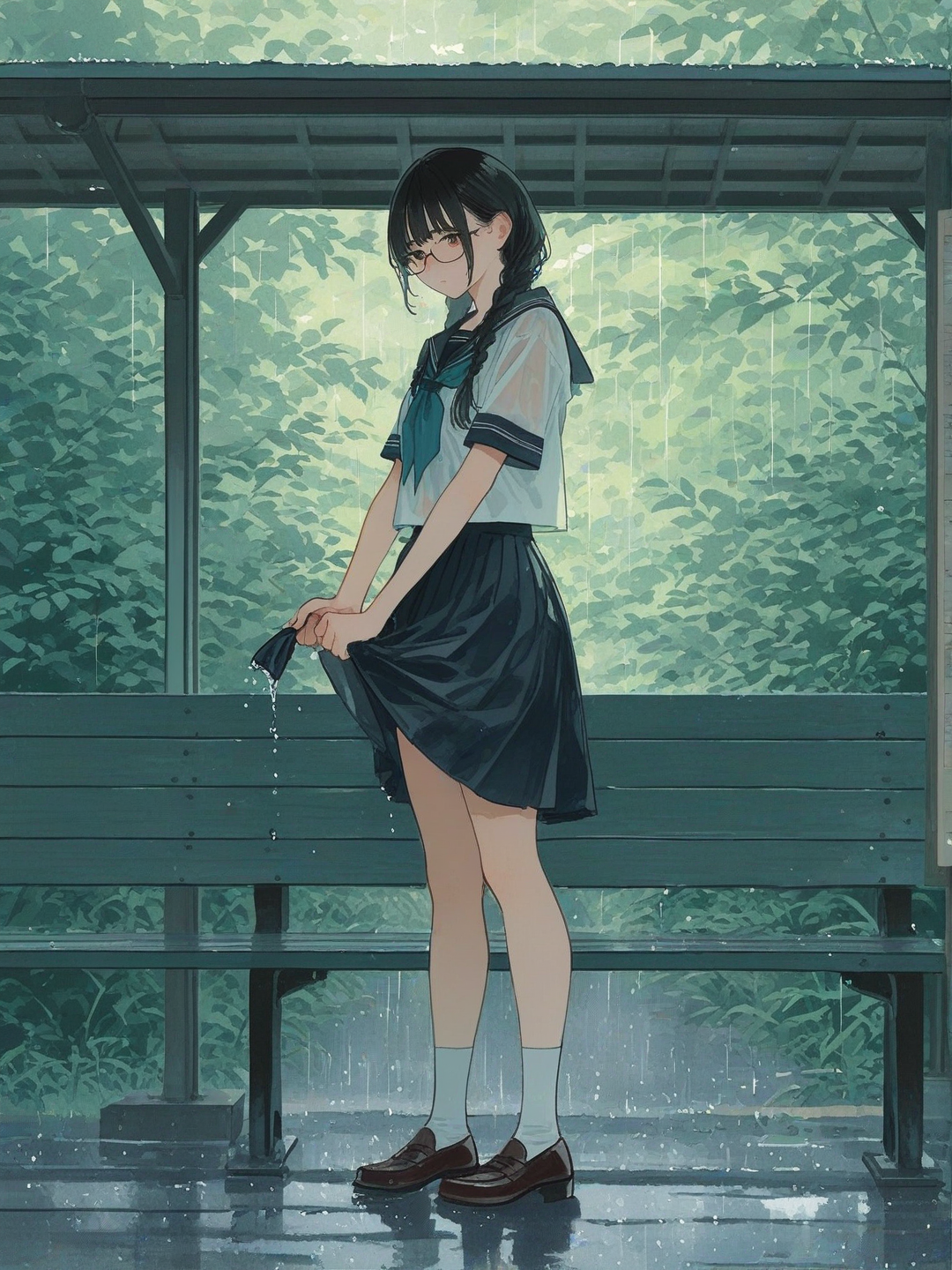 Bus stop in a rainy day