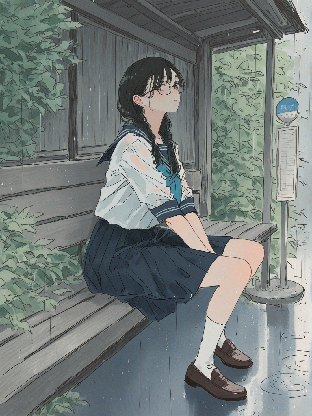 Bus stop in a rainy day