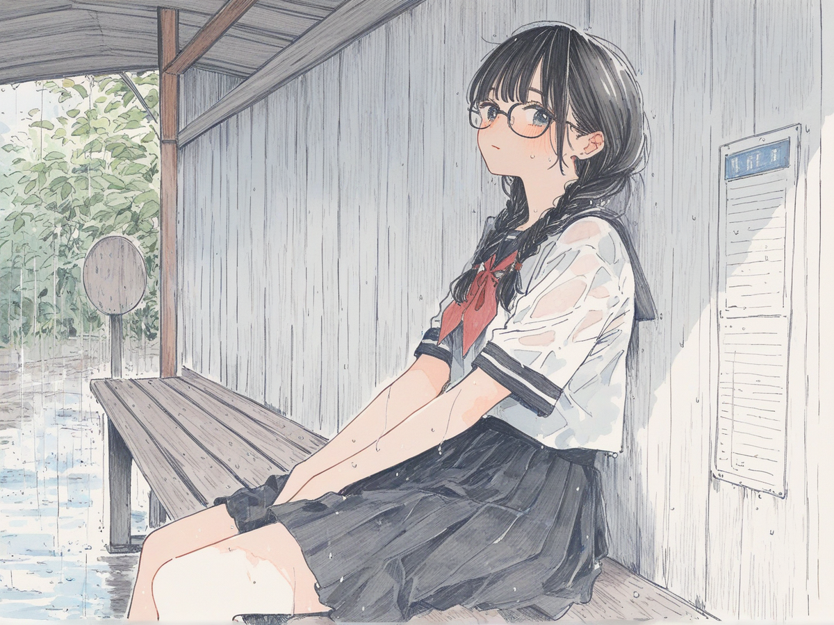 Bus stop in a rainy day