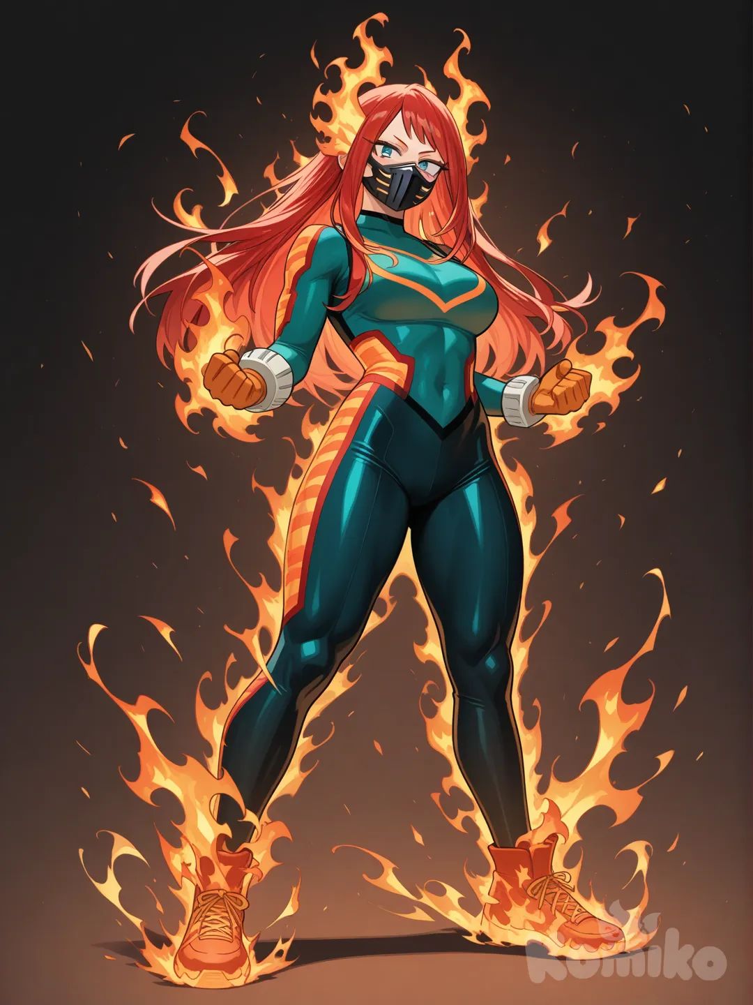 Minha oc para my hero academia, kasai todoroki idade 24 anos cabelos vermelhos lisos olhos cor azul turquesa pele clara corpo bonito usa uniforme de malhar colado por todo o corpo de cor preto laranja e verde sua individualidade é hell flame seu nome como super-heroína é Ardent , 1,70 de altura , sua chama tem uma temperatura acima dos dois mil graus centígrados, e no rosto pelo menos cobrindo a boca e o nariz ela tem um tipo de máscara de ferro que não derrete na cor preta