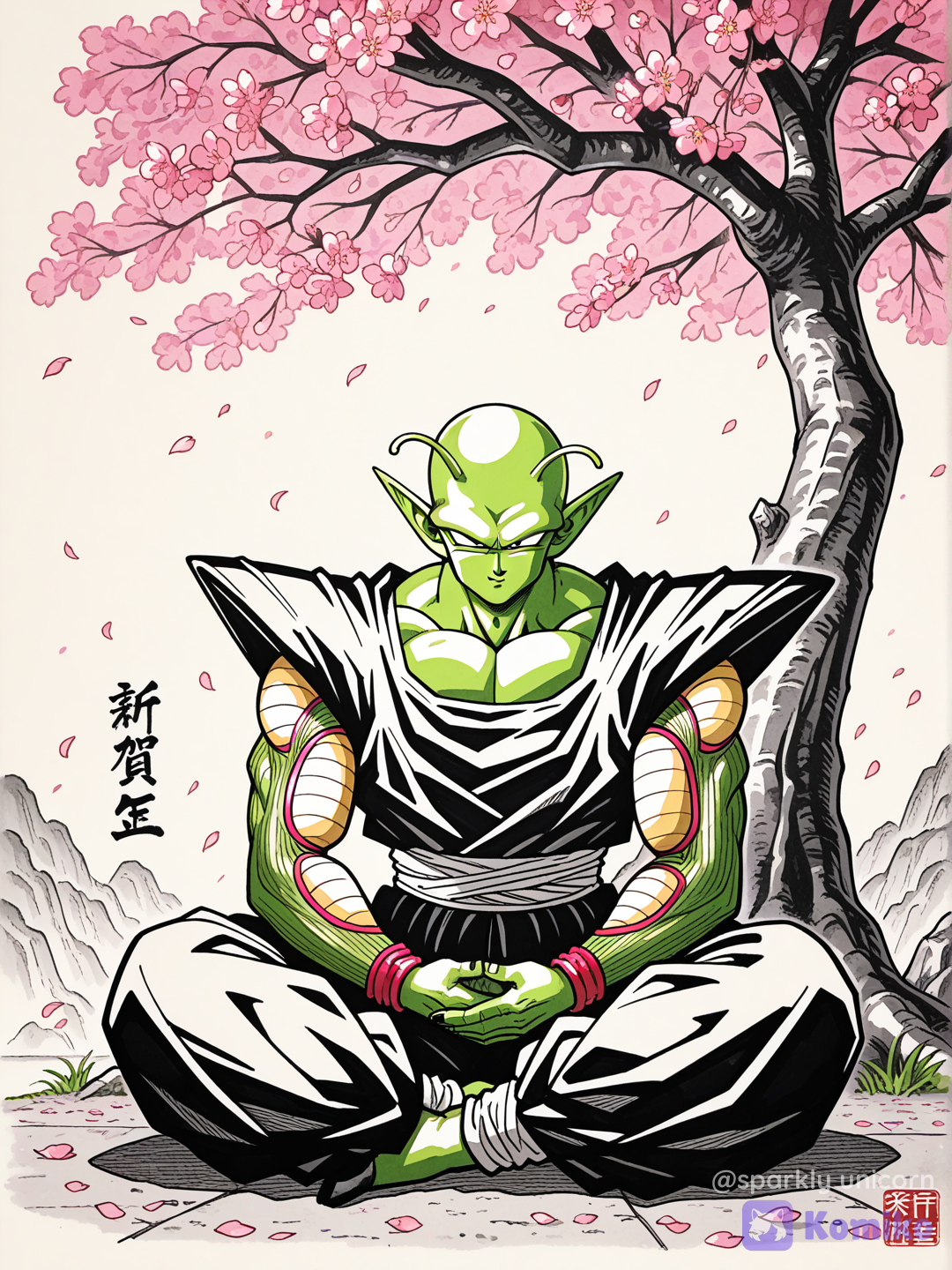 1boy, Piccolo (Dragon Ball), meditating beneath a sakura tree, serene atmosphere, traditional ink art, highly anime art