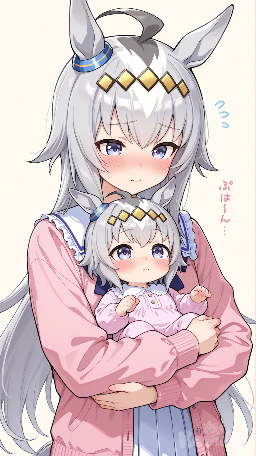 oguri cap (umamusume), agarando de la mano niña peque cargardo un bebe cara sonrojada