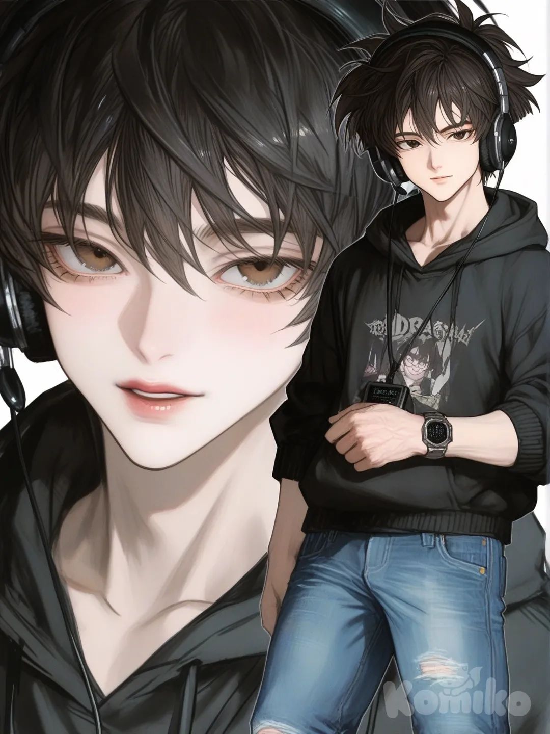 [semi-realistic-portrait-style] 1boy, dragon_ball_style, teenager, athletic, black_hair, brown_eyes, fair_skin, hoodie, jeans, digital_watch, headphones, single_character, full_body, looking_at_viewer, anime_style, simple_background, white_background