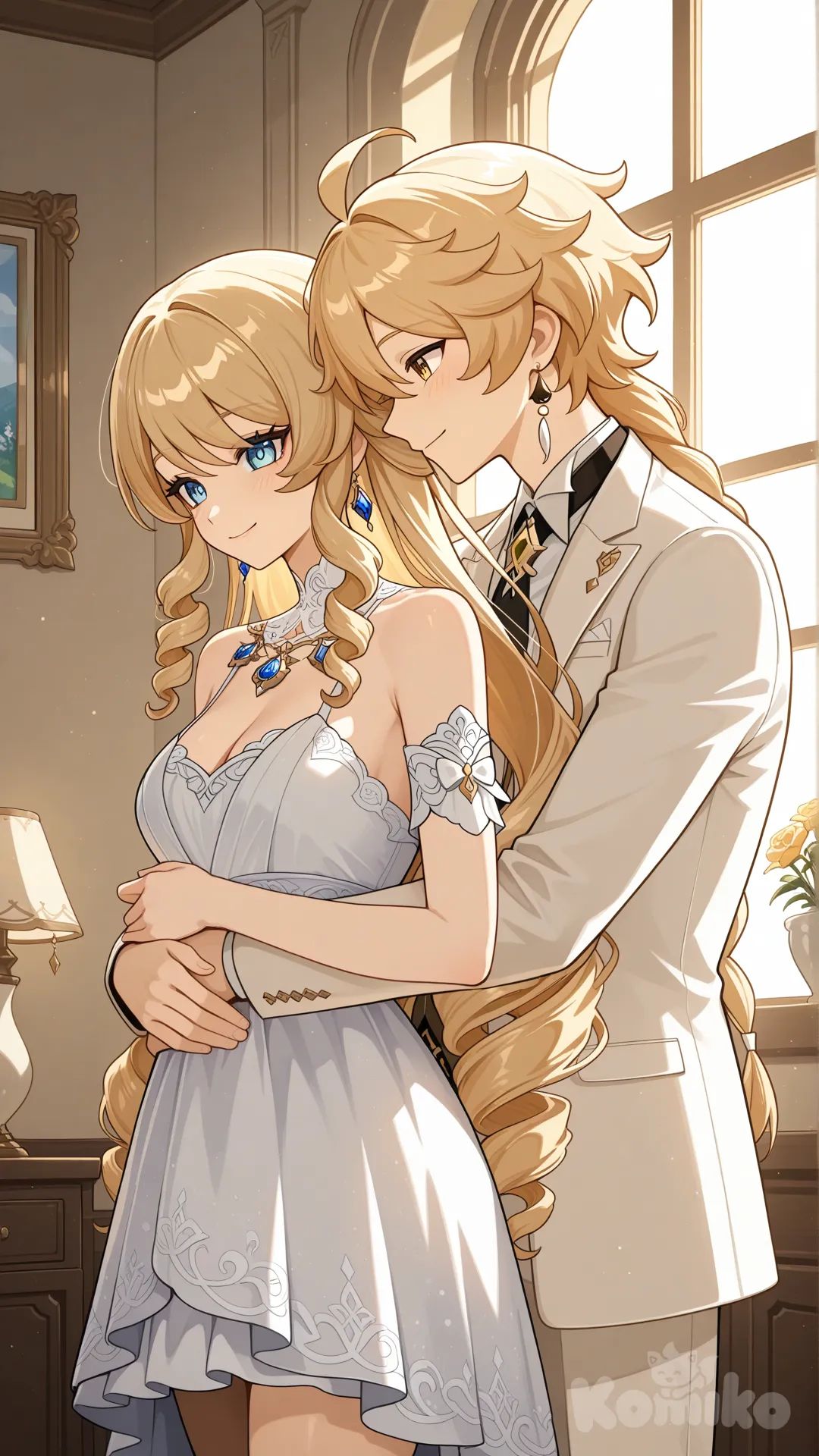 Navia (Genshin Impact) 

Both of them are the wives of Aether (Genshin Impact) 

#white dress for Navia (Genshin Impact)

#white common suite for aether (Genshin Impact)

#A couple's bedroom with off-white interior decor creates a relaxing 

#front view 

# ,from above ,night ,side profile photo , 

#stand in front of the mirror, wake up , relaxed, anime style , bedroom ,sunny moring, relaxed, happyday , anime style , 

They are happy together as a couple, like husband and wife.
She and he stood embracing in front of the window
 aether saw this and happily hugged his wife from behind.