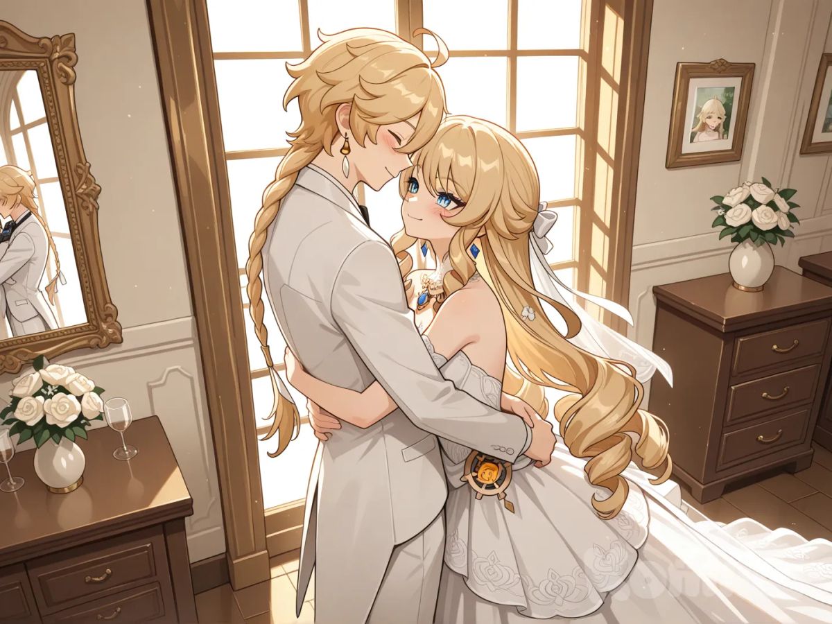 Navia (Genshin Impact) 

Both of them are the wives of Aether (Genshin Impact) 

#after wedding

#white dress for Navia (Genshin Impact)

#white common suite for aether (Genshin Impact)

#A couple's bedroom with off-white interior decor creates a relaxing 

#front view 

#from above ,night ,side profile photo , 

#stand in front of the mirror, wake up , relaxed, anime style , bedroom ,sunny moring, relaxed, happyday , anime style , 

They are happy together as a couple, like husband and wife.
She and he stood embracing in front of the window
 aether saw this and happily hugged his wife from behind.