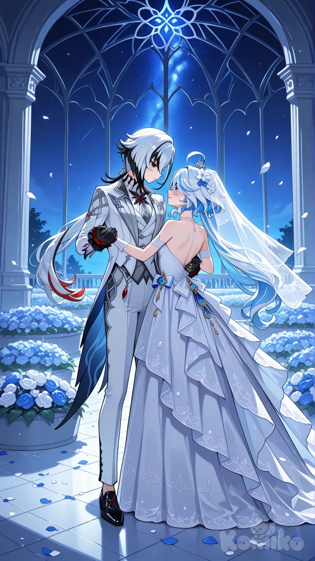 #@Furina_(Genshin_Impact) white wedding dress 

#@Arlecchino_(Genshin_Impact) white wedding suite 

#dance after wedding

#A dance floor in the flower garden on the wedding day.

# ,beautyfull night , moonlight starlight day