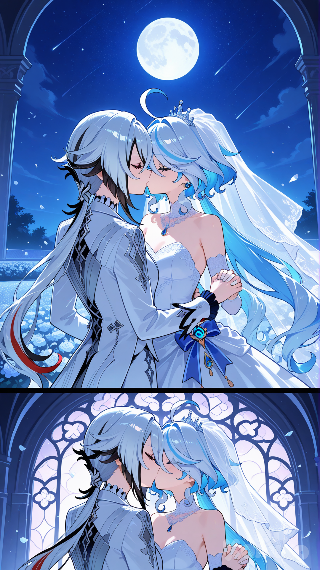 Model Art Pro Prompt #@Furina_(Genshin_Impact) white wedding dress #@Arlecchino_(Genshin_Impact) night wedding  # beautyfull night
