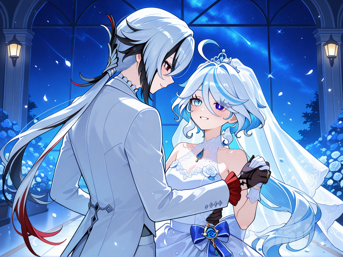Model Art Pro Prompt #@Furina_(Genshin_Impact) white wedding dress #@Arlecchino_(Genshin_Impact) night wedding # beautyfull night