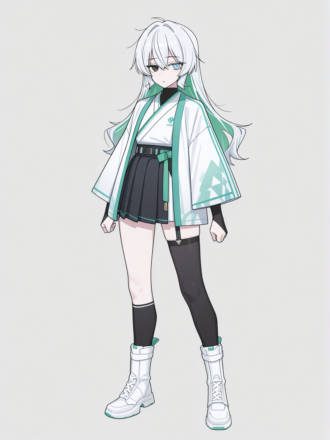 [toon-shaded-style] 1girl, white_hair, blue_highlights, long_hair, pale_skin, blue_eye, green_eye, heterochromia, knee_high_socks, high_boots, short_skirt, pink_and_black_clothing, haori, wide_sleeves, single_character, full_body, looking_at_viewer, anime_style, simple_background, white_background