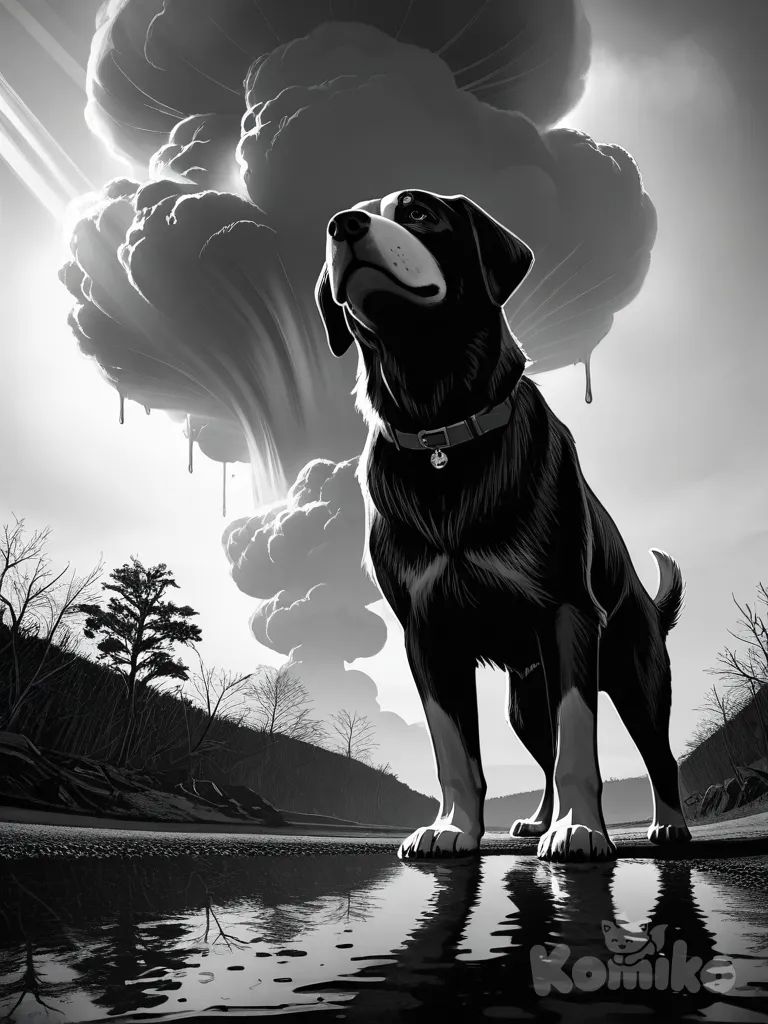 A mood stained boxer dog, wet hair, on a soaked street, mist, golden hour, dramatic light, low angle, nuclear bomb explosion in the background, Photorealistic, grayscale