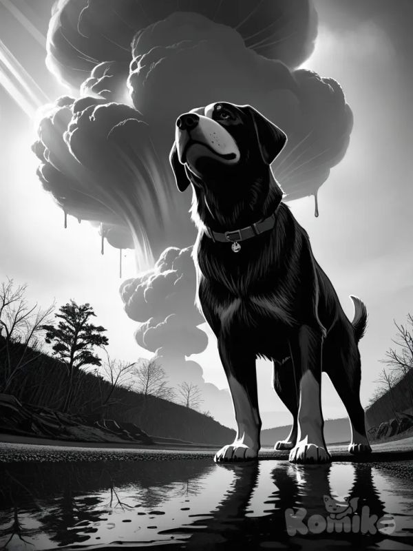A mood stained boxer dog, wet hair, on a soaked street, mist, golden hour, dramatic light, low angle, nuclear bomb explosion in the background, Photorealistic, grayscale