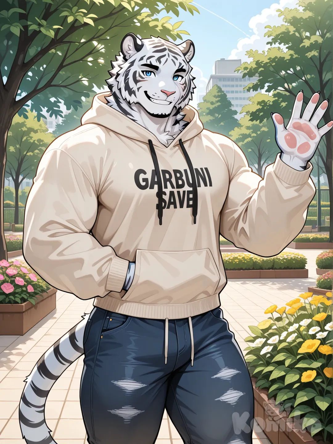 白虎furry 拥有健硕的肌肉身材, 微笑waving, hoodie, casual pants, garden
