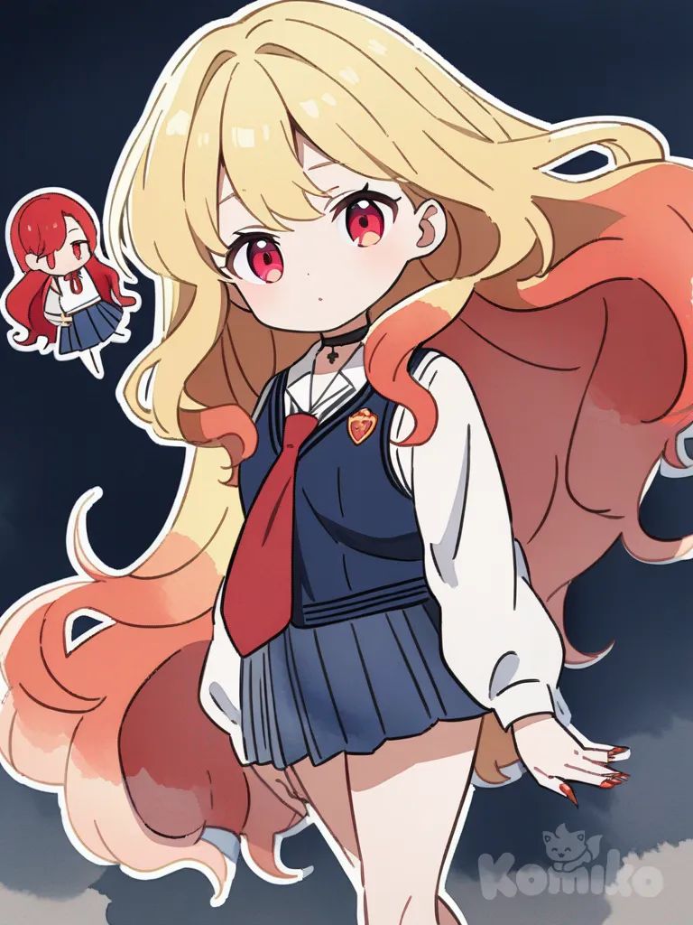 1girl, anime coloring, watercolor, chibi, teenager, slim, curvy, tall, short, red hair, blonde hair, long hair, straight hair, wavy hair, red eyes, fair skin, dress up my darling, school pleated skirt, school uniform, tie, choker, vest, school vest color blue with thin red lines, tall nails pink, single character, full body, looking at viewer, anime style, simple background, white background