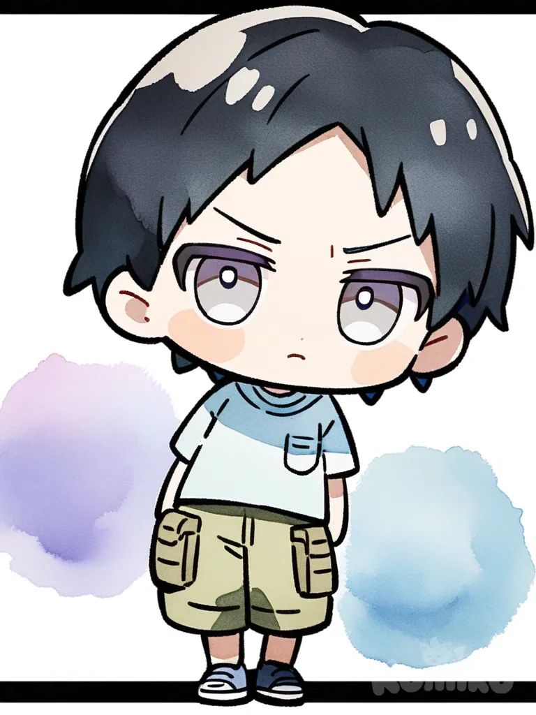 1boy, teenager, tall, scrawny, black hair, short hair, straight hair, gray eyes, fair skin, anime coloring, watercolor, chibi, t-shirt white, cargo pants blue, school uniform, tie, single character, full body, looking at viewer, anime style, simple background, white background