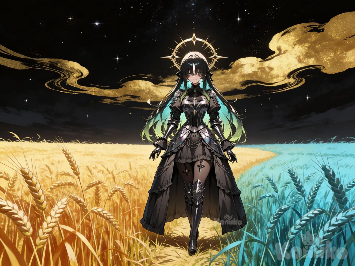 @zinnia-faeloria-zqKV , walking, wheat field alternate color, black sky, golden clouds in the sky, star (sky)