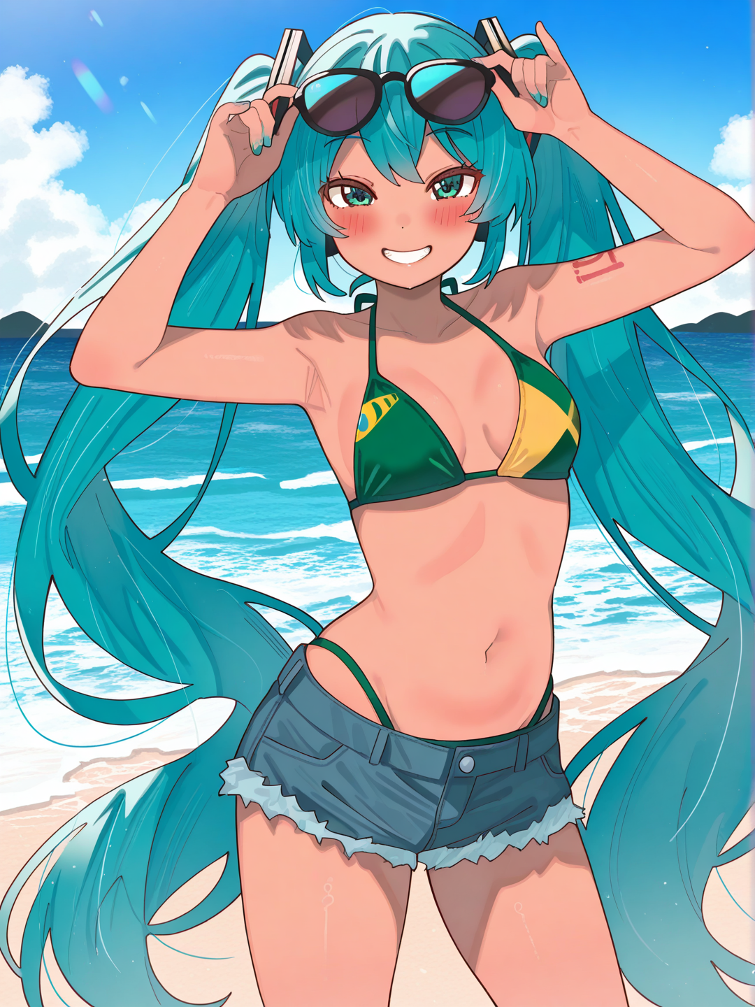 hatsune miku, brazilian miku, brazilian flag top, yellow top, little short jeans, half-exposed bikini, tanned, dark glasses on head, smile, beach, by tonarikeru