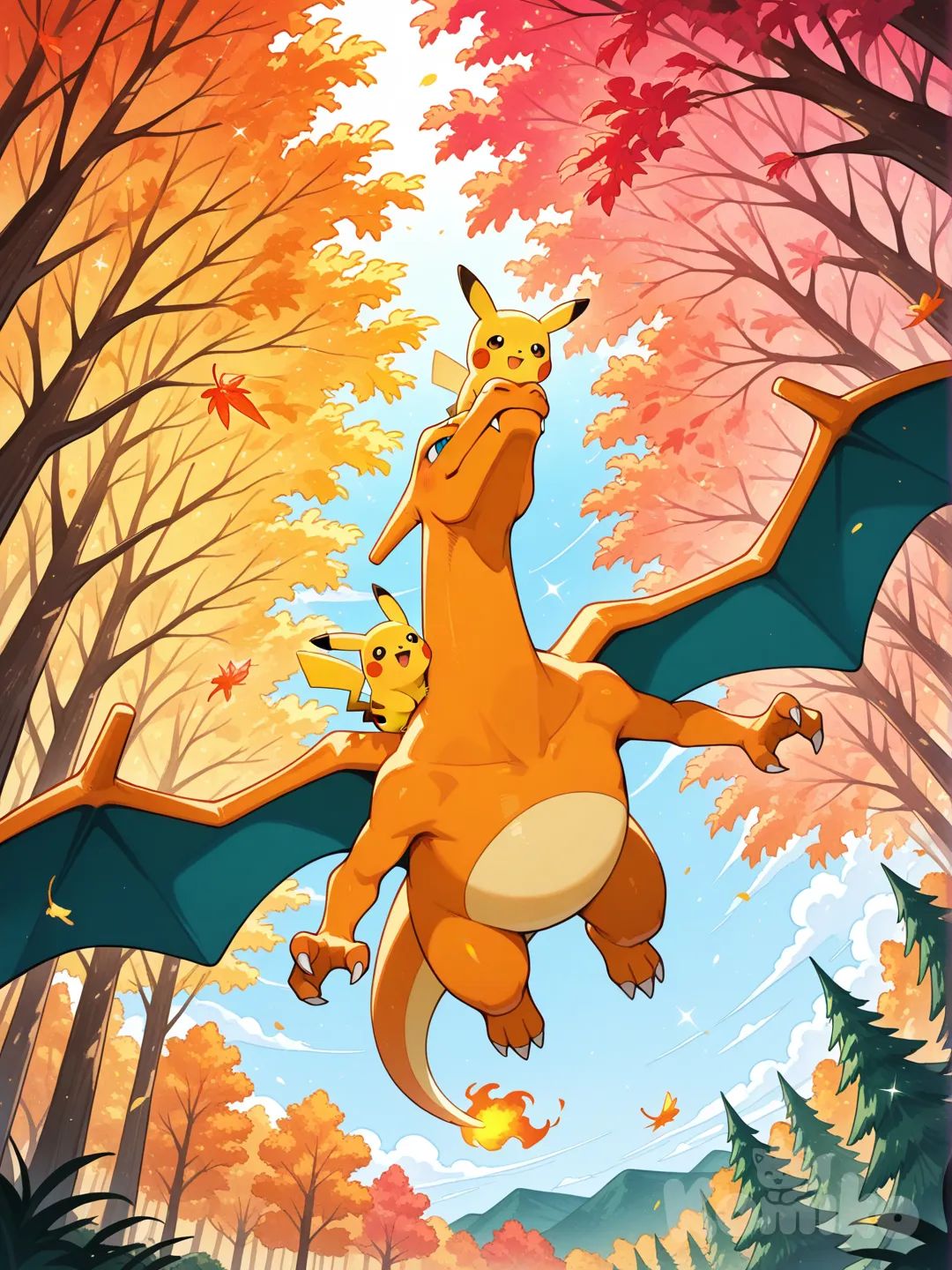 @Pikachu@, Charizard, Perched on the shoulder, flying through the sky above the forest, trees of many colors (green, dark green, red, orange, pink), day, sparkle