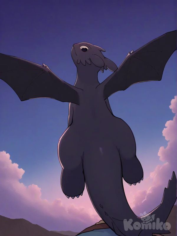 [pokemon-style], how to train your dragon, toothless, looking back, head tilt, A perspective from someone riding on the back , flying