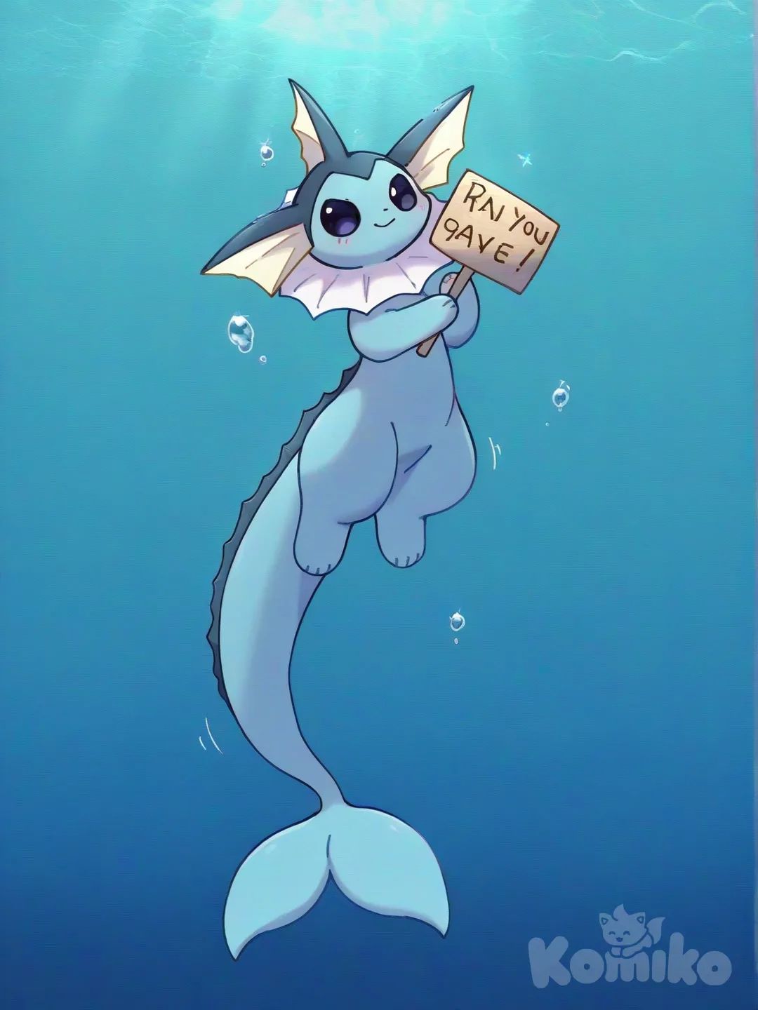 [pokemon-style], vaporeon, full body, holding sign ''Hey guys, did you know...'', evil smile, blush, aquarium, day